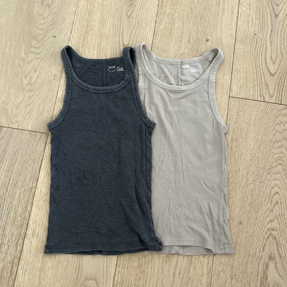 beige and dark gray aerie tank tops